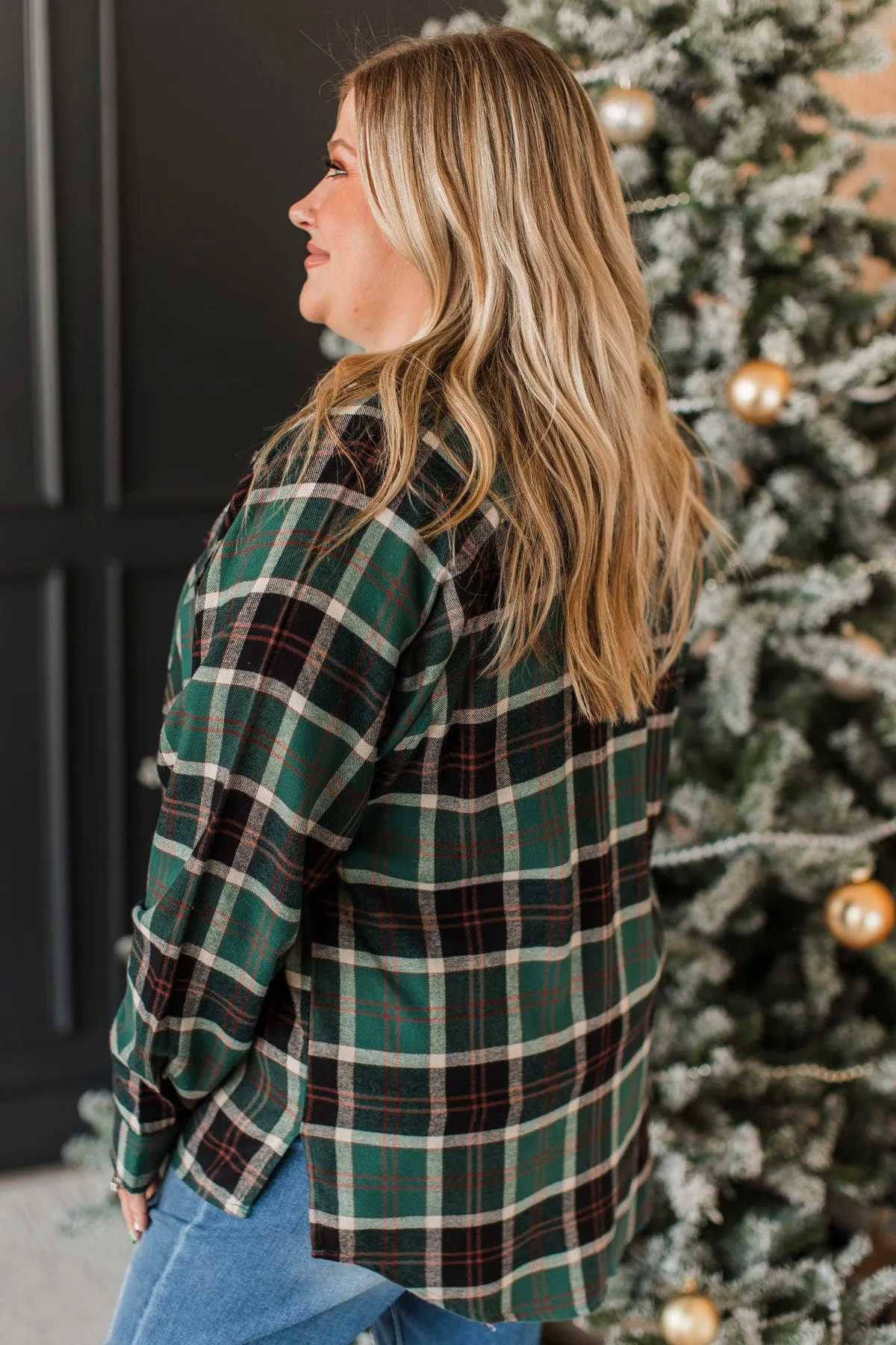Here Again Plaid Button Top- Hunter Green