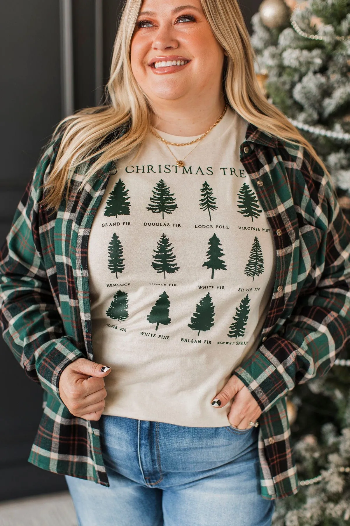 Here Again Plaid Button Top- Hunter Green