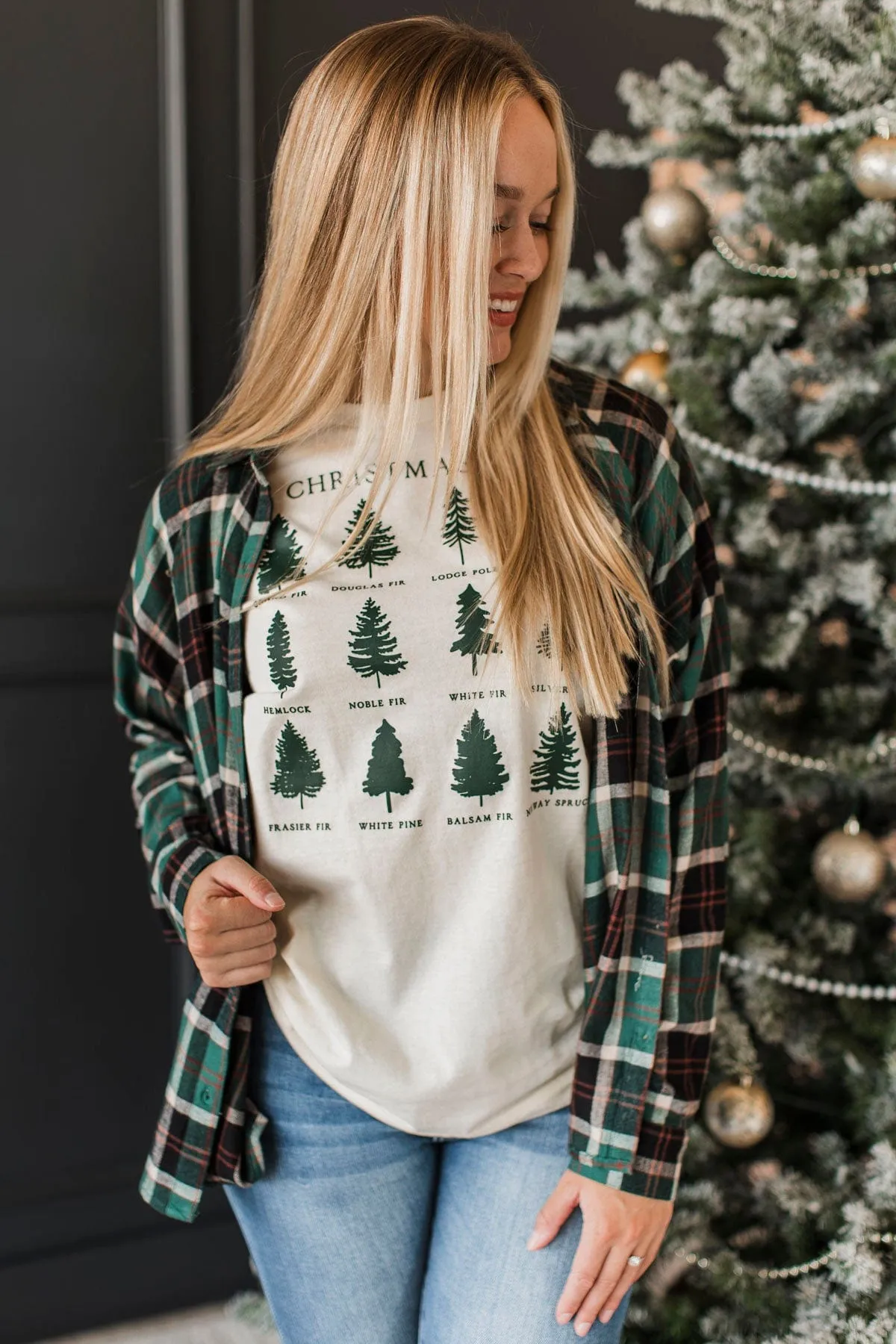 Here Again Plaid Button Top- Hunter Green