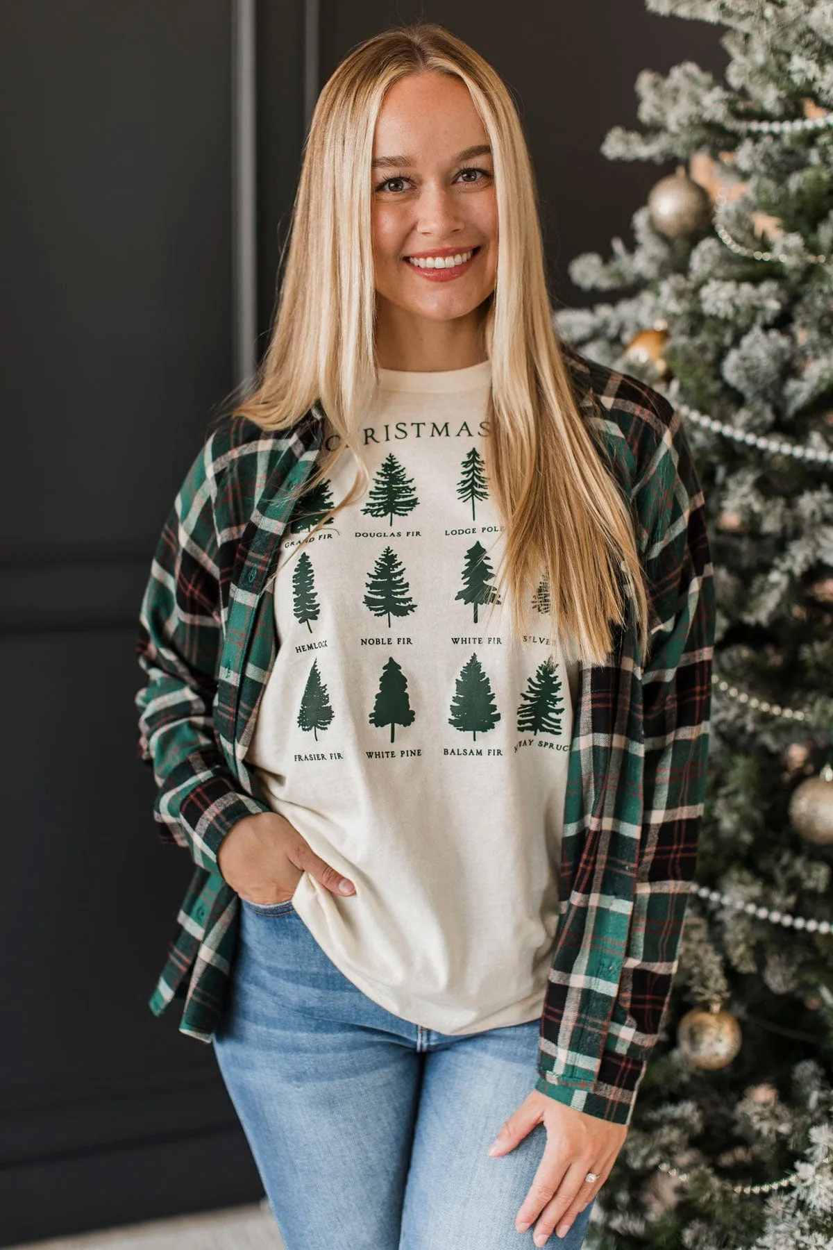 Here Again Plaid Button Top- Hunter Green