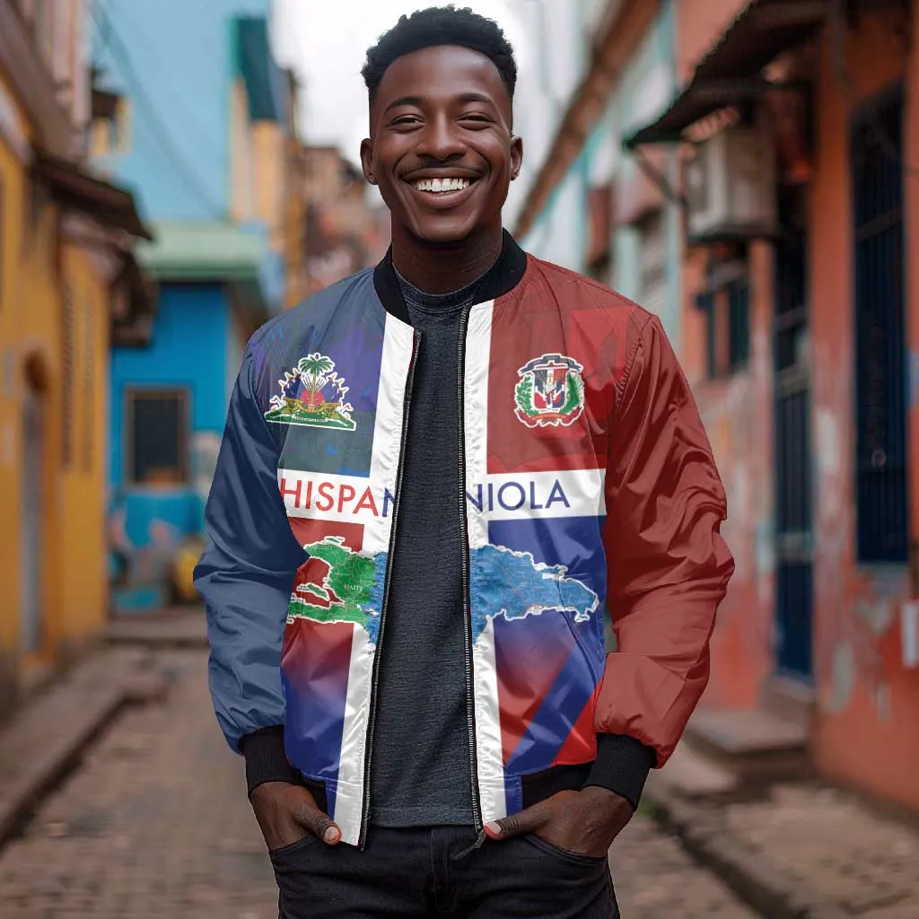 Hispaniola Bomber Jacket Haiti and Dominican Republic Emblems and Flag Style LT03