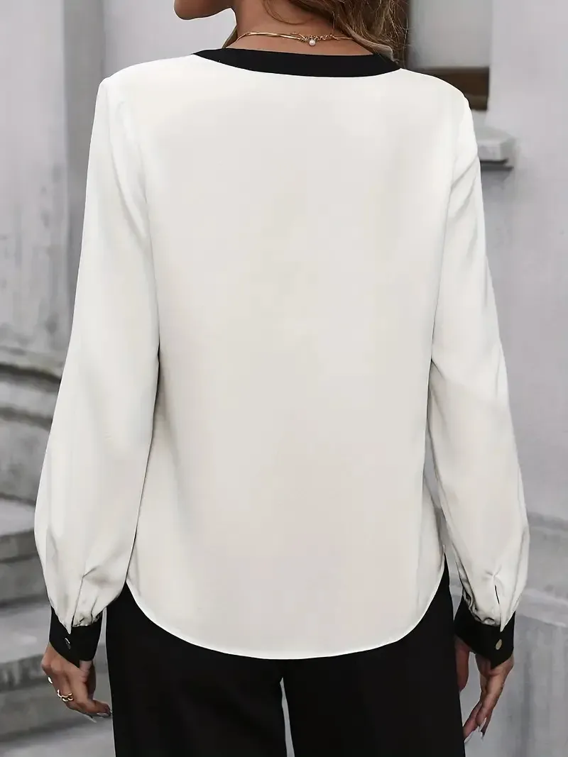 Iconic V-Neck Contrast Trim Long Sleeve Blouse