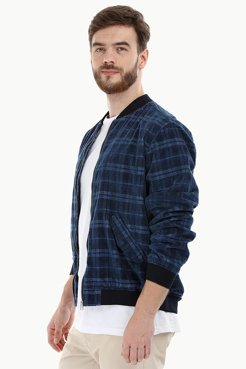Indigo Corduroy Check Bomber Jacket