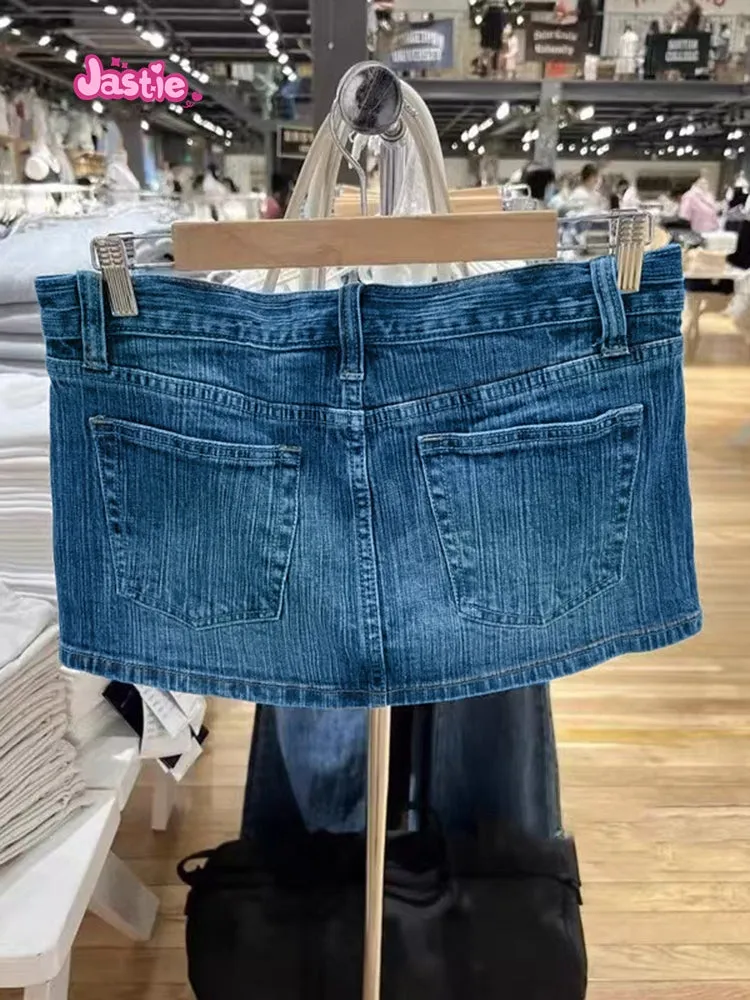 JazzHer 2025 Summer Women Blue Denim Skirts Vintage High Waist Pockets Mini Skirts Female Y2k Streetwear Slim Bottoms