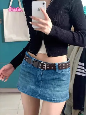 JazzHer 2025 Summer Women Blue Denim Skirts Vintage High Waist Pockets Mini Skirts Female Y2k Streetwear Slim Bottoms