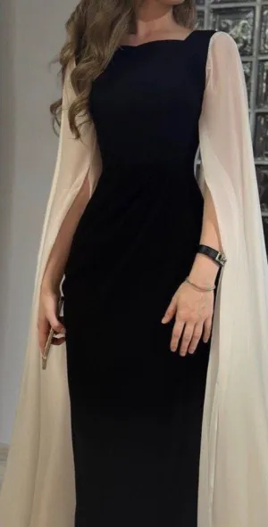 JazzHer Classy Sheath Long Sleeves Black Chiffon Long Party Dress Prom Dresses Evening Dress (PRE-ORDER)