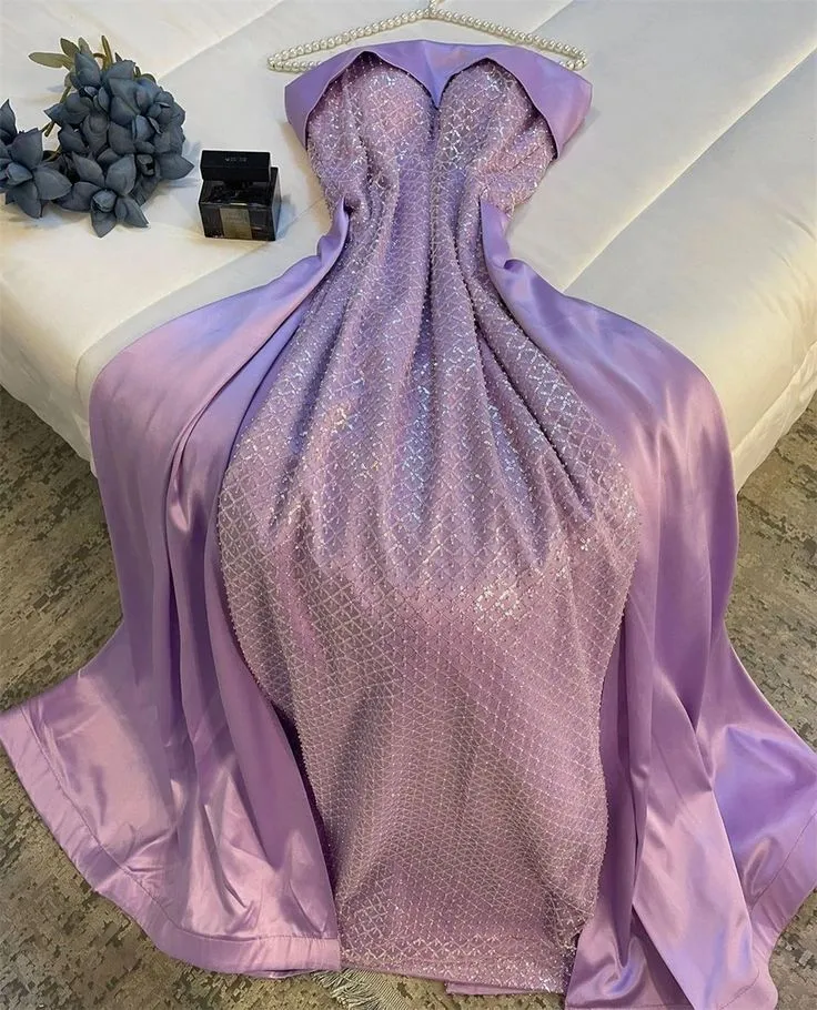 JazzHer Classy Sheath Strapless Long Lilac Satin Party Dress Prom Dresses Evening Dress (PRE-ORDER)