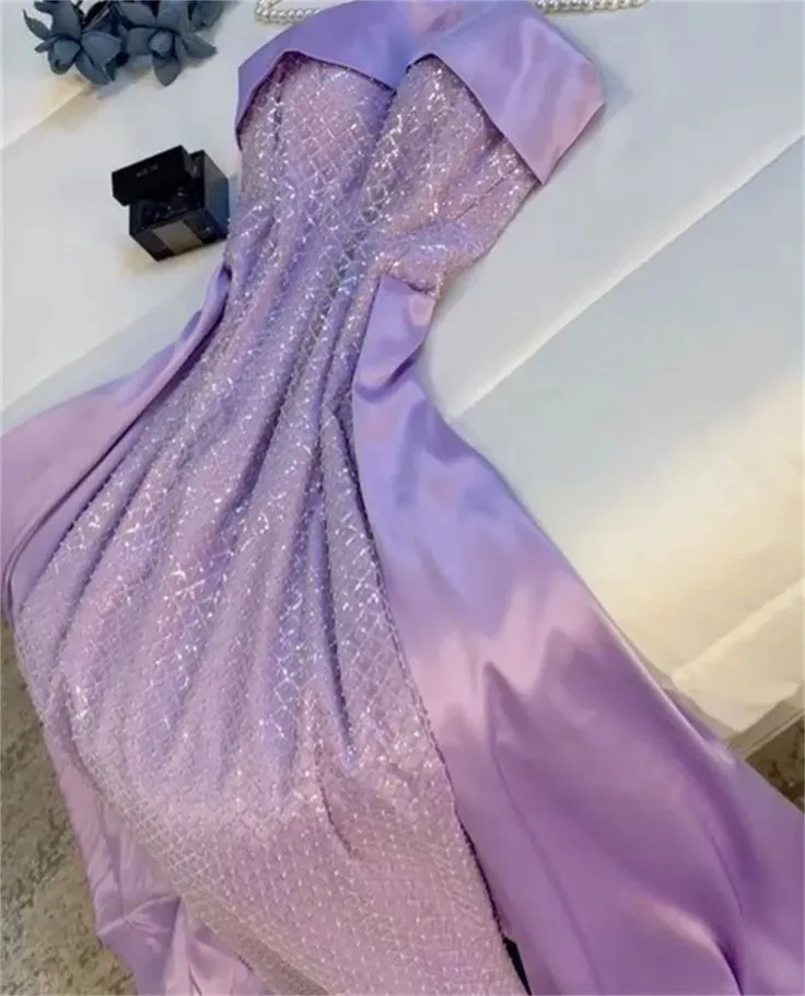 JazzHer Classy Sheath Strapless Long Lilac Satin Party Dress Prom Dresses Evening Dress (PRE-ORDER)