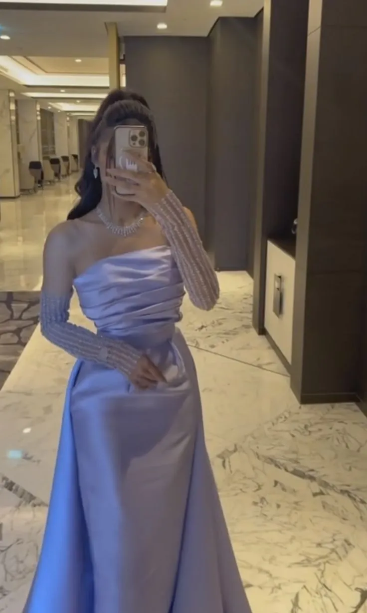JazzHer Classy Sheath Strapless Long Sleeves Lilac Long Satin Party Dress Prom Dresses Evening Dress (PRE-ORDER)