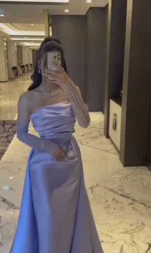 JazzHer Classy Sheath Strapless Long Sleeves Lilac Long Satin Party Dress Prom Dresses Evening Dress (PRE-ORDER)
