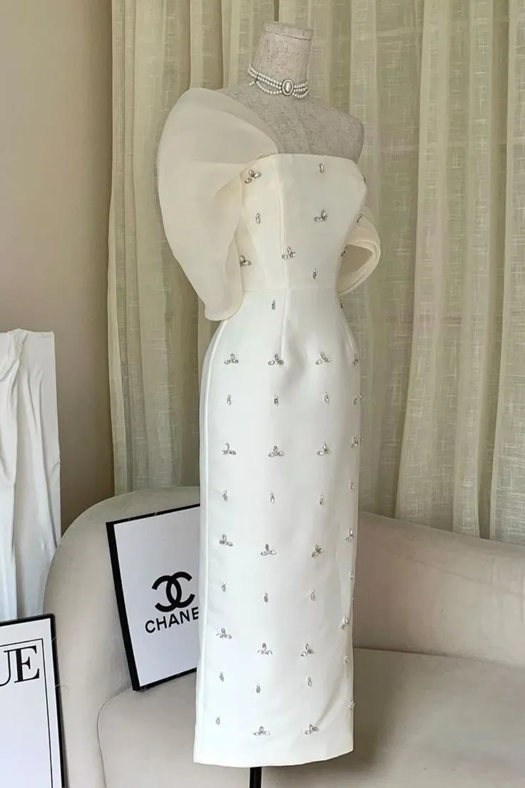 JazzHer Classy Sheath Strapless White Satin Beads Prom Dresses Evening Dress (PRE-ORDER)