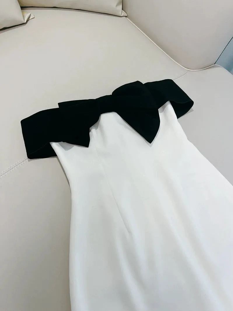 JazzHer Cute Sheath Off The Shoulder Black Bowknot White Short Homecoming Dress Birthday Dresses (PRE-ORDER)