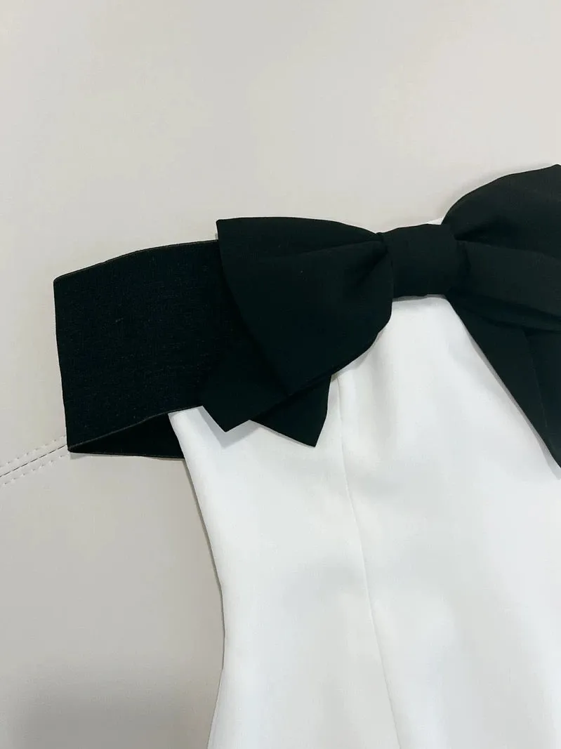 JazzHer Cute Sheath Off The Shoulder Black Bowknot White Short Homecoming Dress Birthday Dresses (PRE-ORDER)
