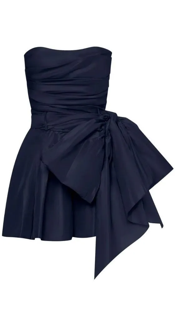 JazzHer Cute Sheath Strapless Navy Blue Short Satin Homecoming Dresses Cocktail Dress With Bowknot (PRE-ORDER)