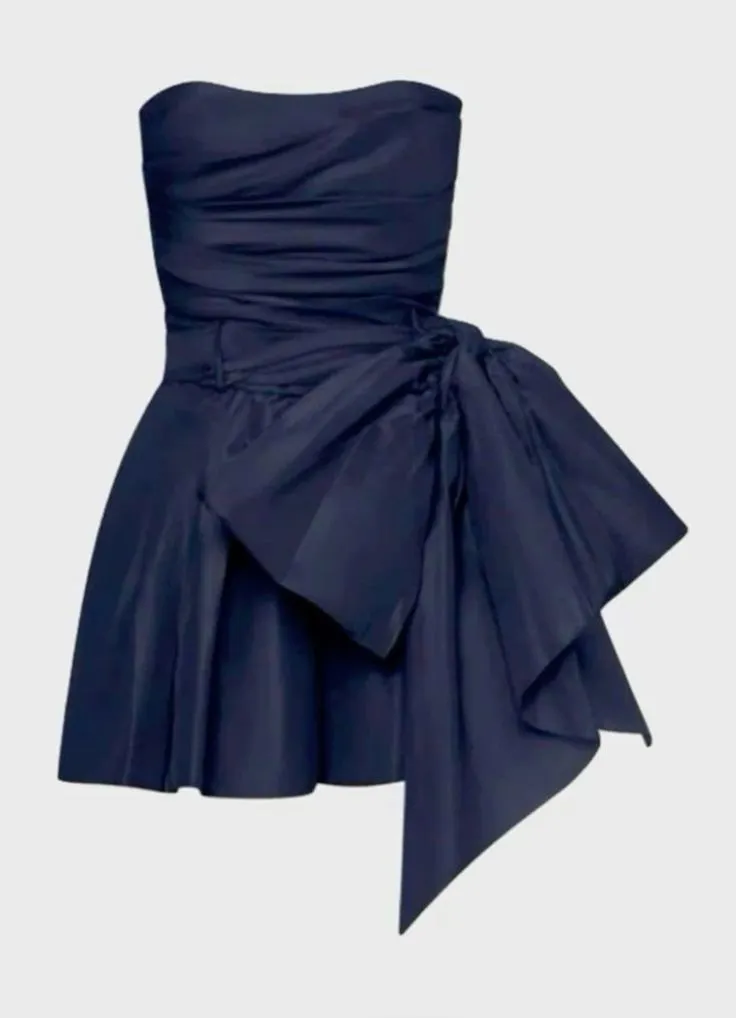 JazzHer Cute Sheath Strapless Navy Blue Short Satin Homecoming Dresses Cocktail Dress With Bowknot (PRE-ORDER)