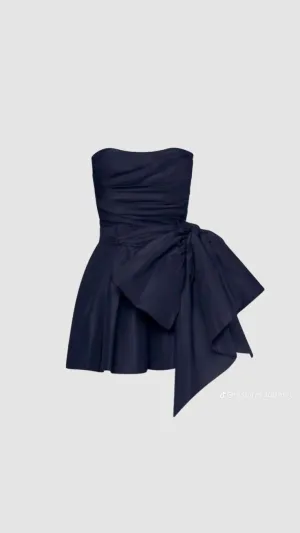 JazzHer Cute Sheath Strapless Navy Blue Short Satin Homecoming Dresses Cocktail Dress With Bowknot (PRE-ORDER)