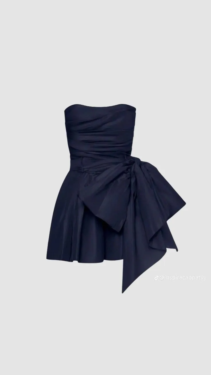 JazzHer Cute Sheath Strapless Navy Blue Short Satin Homecoming Dresses Cocktail Dress With Bowknot (PRE-ORDER)