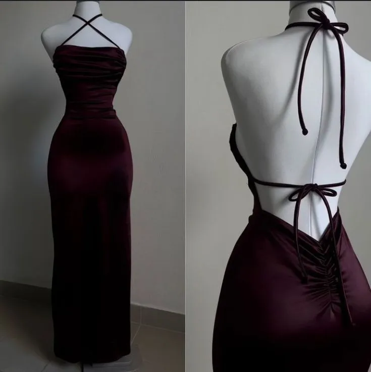 JazzHer Elegant Sheath Halter Sleeveless Burgundy Satin Backless Prom Dresses Long Evening Dress (PRE-ORDER)