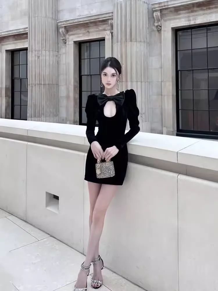 JazzHer Elegant Sheath Long Sleeves Black Velvet th Birthday Dress Short Homecoming Dresses (PRE-ORDER)