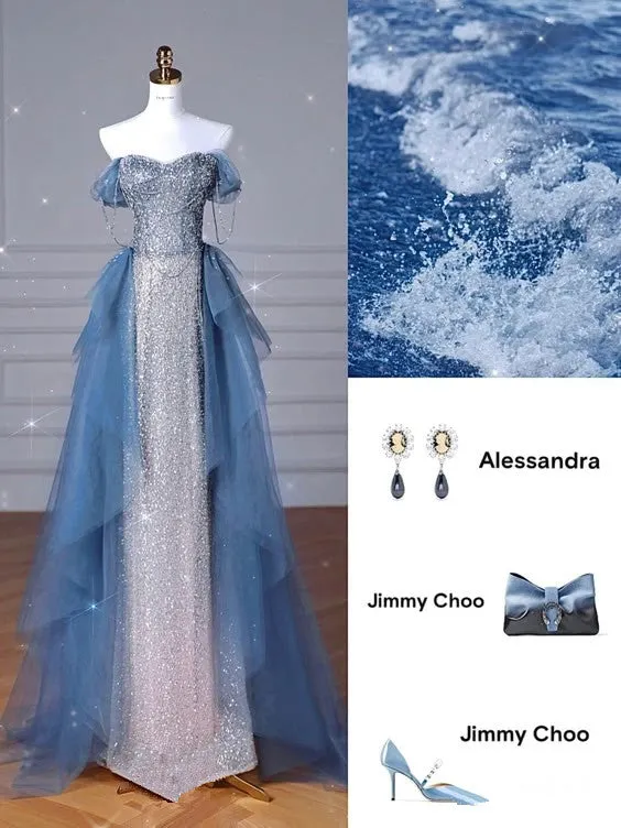 JazzHer Elegant Sheath Off The Shoulder Blue Sequin Prom Dresses Long Evening Dress (PRE-ORDER)