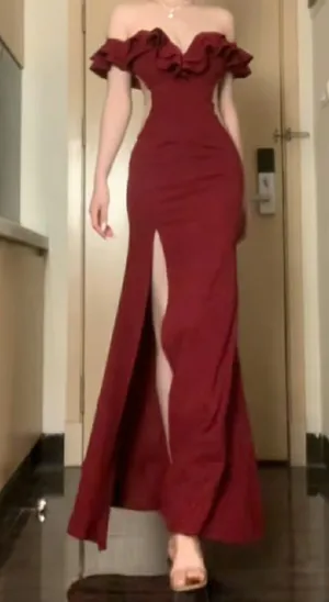 JazzHer Elegant Sheath Off The Shoulder Burgundy Satin Slit Fold Prom Dresses Long Evening Dress (PRE-ORDER)