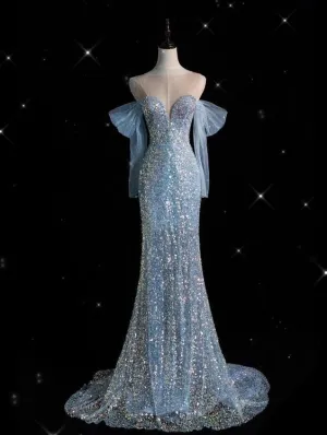 JazzHer Elegant Sheath Off The Shoulder Sequin Blue Long Prom Dresses Sequin Party Dress (PRE-ORDER)