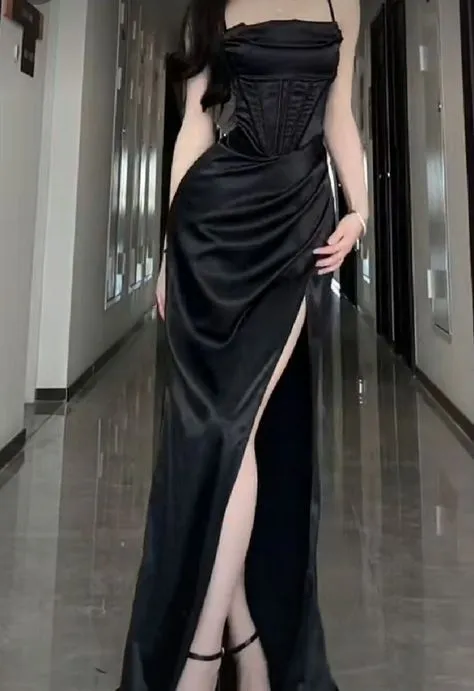 JazzHer Elegant Sheath Spaghetti Straps Black Slit Long Prom Dress Evening Dresses (PRE-ORDER)