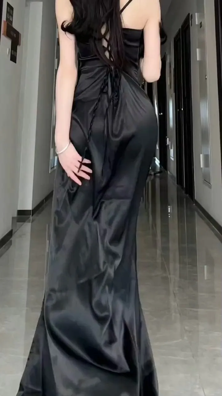JazzHer Elegant Sheath Spaghetti Straps Black Slit Long Prom Dress Evening Dresses (PRE-ORDER)