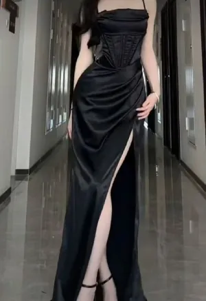 JazzHer Elegant Sheath Spaghetti Straps Black Slit Long Prom Dress Evening Dresses (PRE-ORDER)