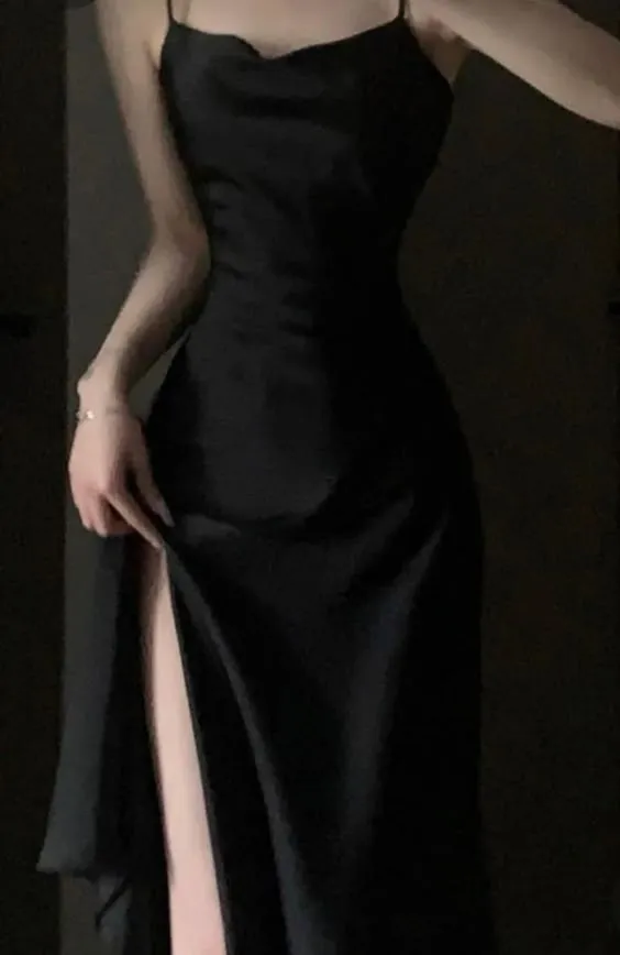 JazzHer Elegant Sheath Spaghetti Straps Black Slit Prom Dresses Evening Dress (PRE-ORDER)
