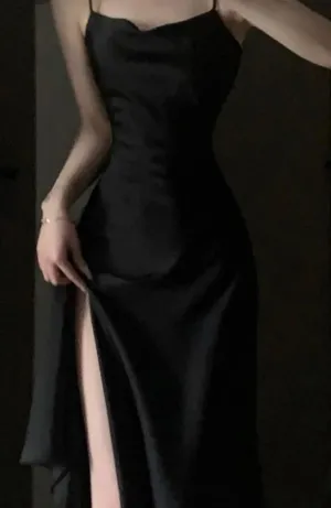 JazzHer Elegant Sheath Spaghetti Straps Black Slit Prom Dresses Evening Dress (PRE-ORDER)