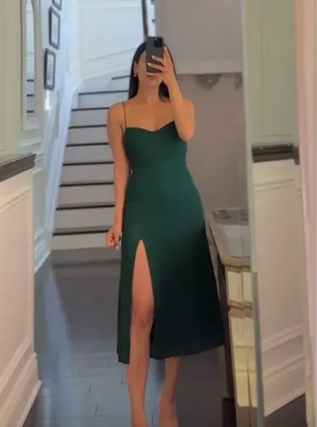 JazzHer Elegant Sheath Spaghetti Straps Satin Green Slit Prom Dresses Evening Dress (PRE-ORDER)