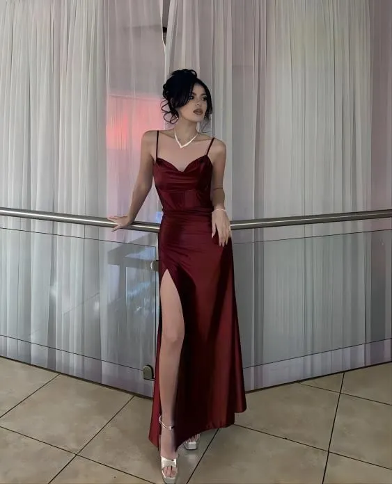 JazzHer Elegant Sheath Spaghetti Straps Slit Burgundy Long Prom Dresses Evening Dress (PRE-ORDER)
