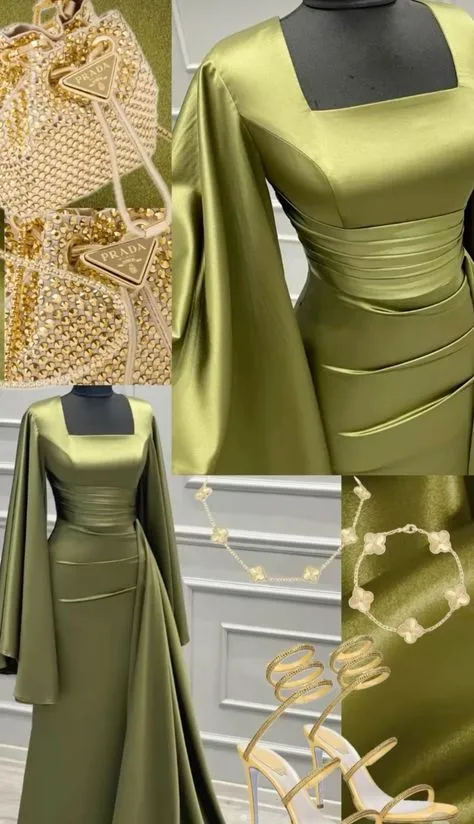 JazzHer Elegant Sheath Square Neckline Olive Green Satin Long Prom Dress Evening Dresses With Ruffles (PRE-ORDER)