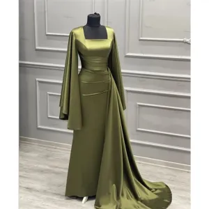 JazzHer Elegant Sheath Square Neckline Olive Green Satin Long Prom Dress Evening Dresses With Ruffles (PRE-ORDER)