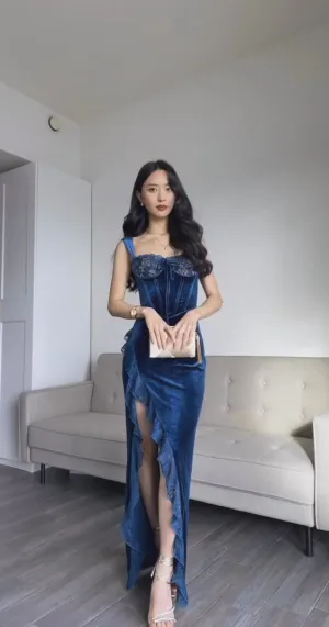 JazzHer Elegant Sheath Straps Lace Ruffles Velvet Navy Blue Slit Prom Dresses Evening Dress (PRE-ORDER)