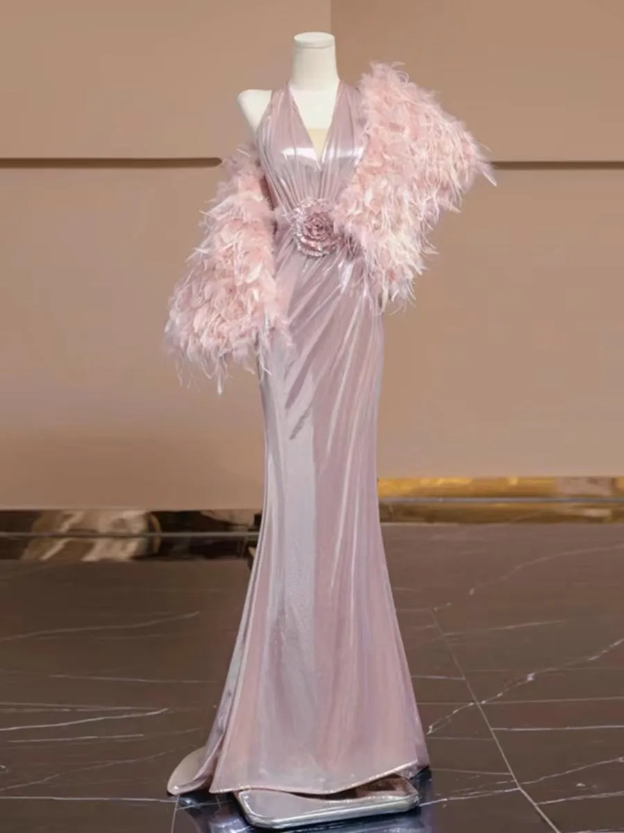 JazzHer Elegant Sheath V Neckline Pink Sequin Long Prom Dress Evening Dresses With Flowers (PRE-ORDER)