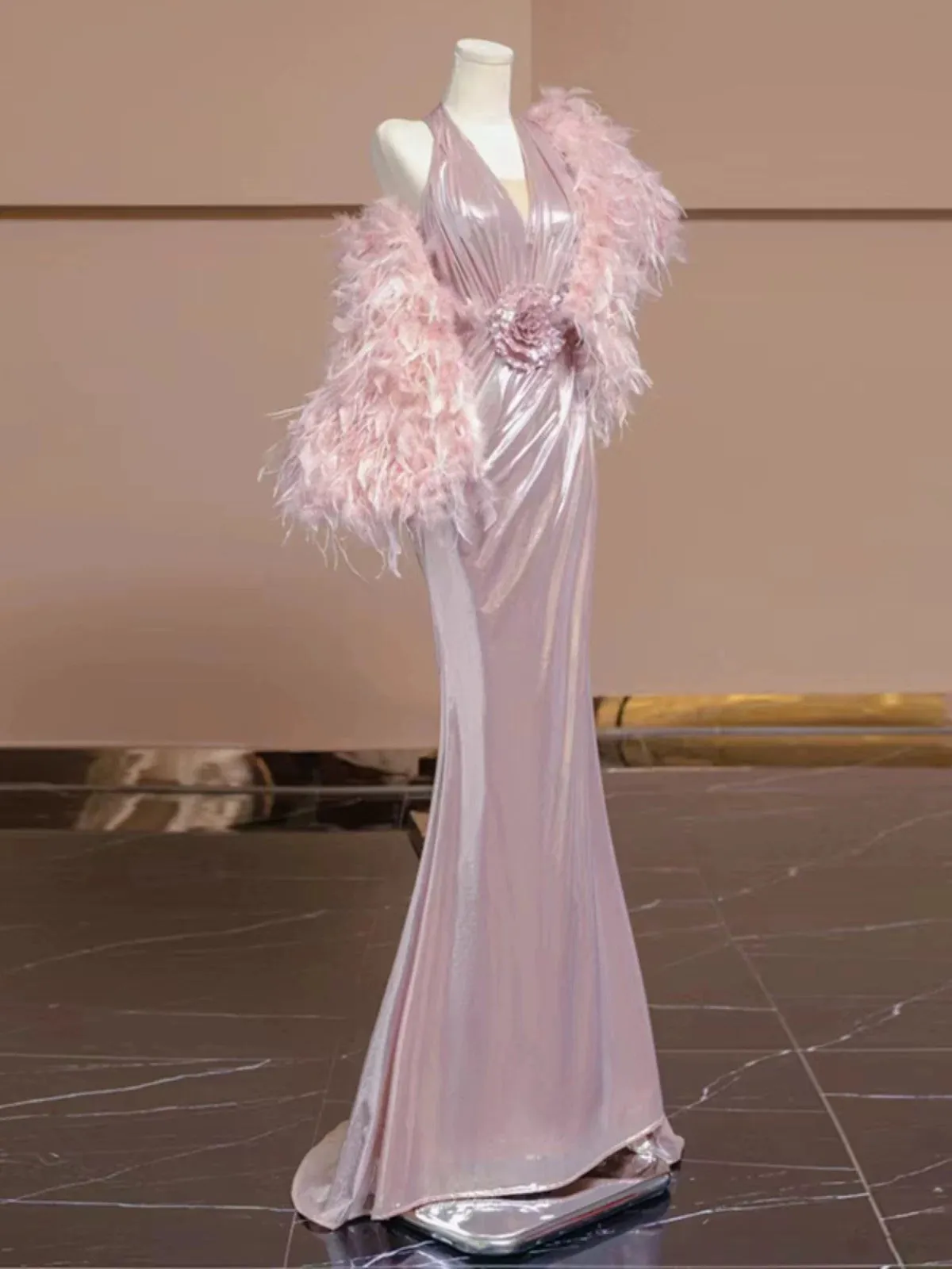 JazzHer Elegant Sheath V Neckline Pink Sequin Long Prom Dress Evening Dresses With Flowers (PRE-ORDER)