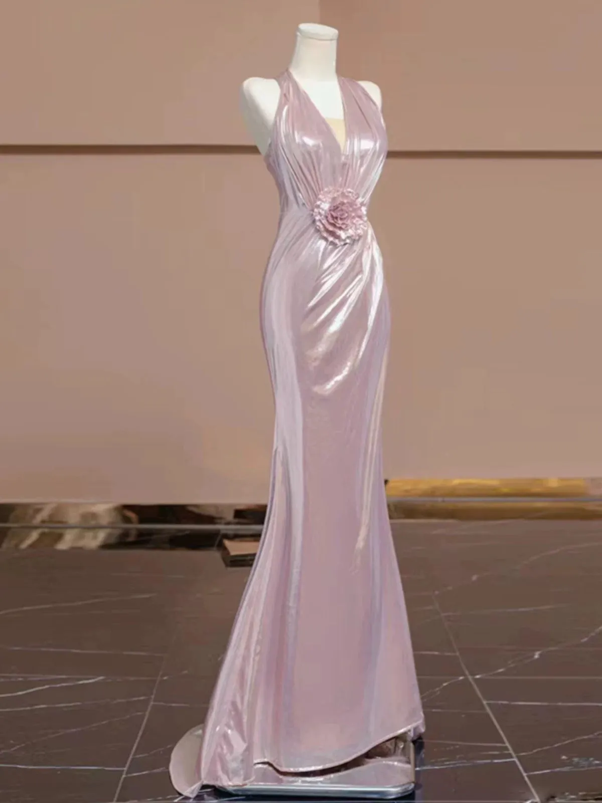JazzHer Elegant Sheath V Neckline Pink Sequin Long Prom Dress Evening Dresses With Flowers (PRE-ORDER)