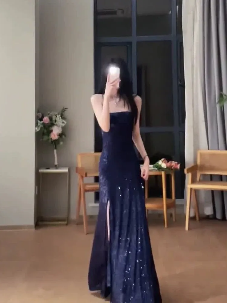 JazzHer Gorgeous Sheath Spaghetti Straps Navy Blue Sequin Evening Dress Prom Dresses Birthday Outfits (PRE-ORDER)
