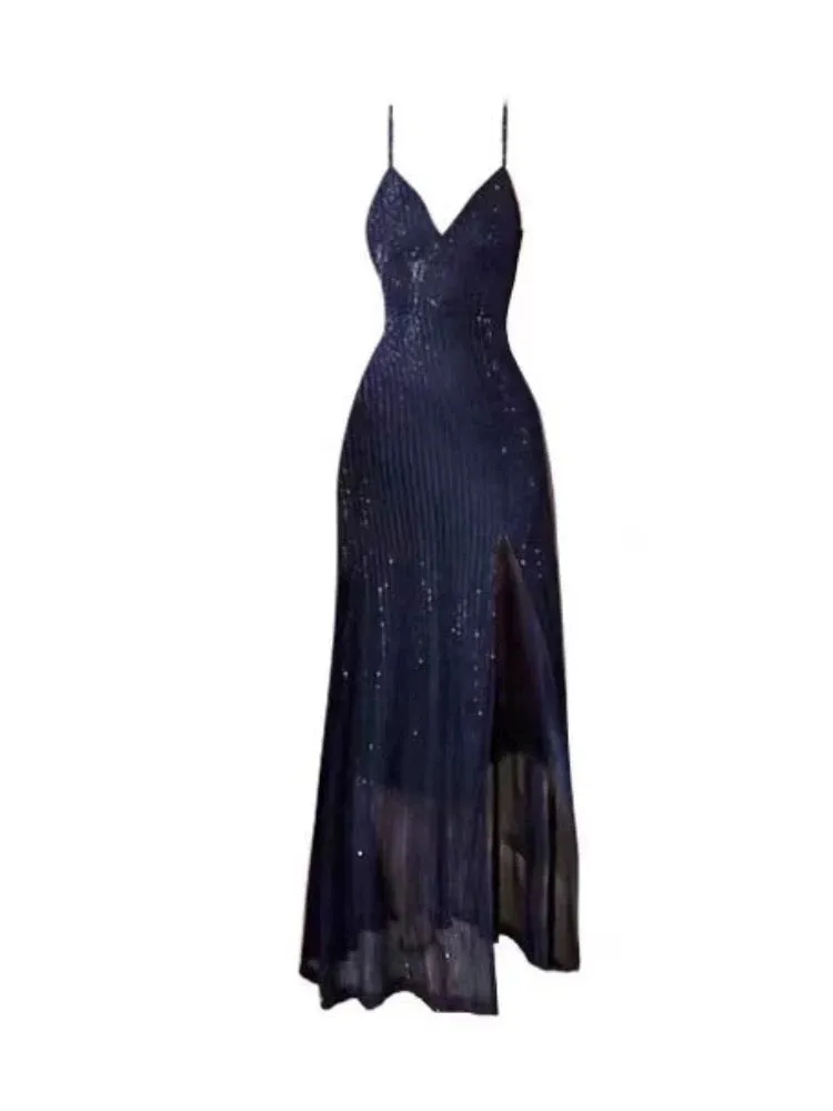 JazzHer Gorgeous Sheath Spaghetti Straps Navy Blue Sequin Evening Dress Prom Dresses Birthday Outfits (PRE-ORDER)