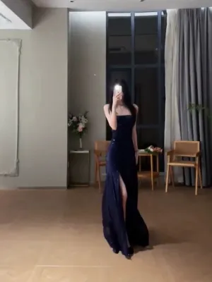 JazzHer Gorgeous Sheath Spaghetti Straps Navy Blue Sequin Evening Dress Prom Dresses Birthday Outfits (PRE-ORDER)