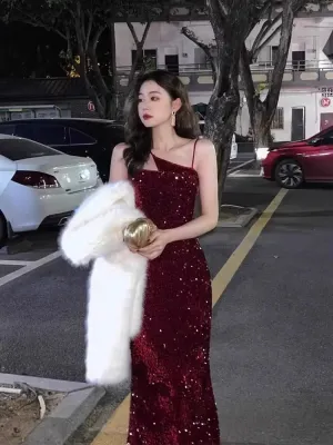 JazzHer Gorgeous Sheath Spaghetti Straps Wine Red Sequin Evening Dress Prom Dresses Birthday Outfits (PRE-ORDER)