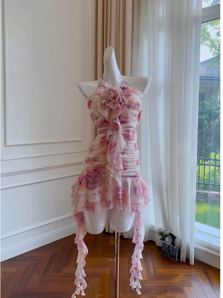 JazzHer Modest Sheath Halter Floral Chiffon Short Homecoming Dresses Birthday Outfits (PRE-ORDER)