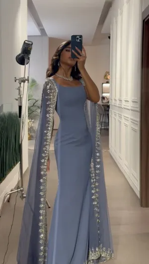 JazzHer Modest Sheath Square Neckline With Long Sleeves Blue Beads Prom Dresses Long Evening Dress (PRE-ORDER)