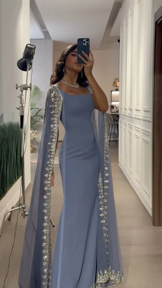 JazzHer Modest Sheath Square Neckline With Long Sleeves Blue Beads Prom Dresses Long Evening Dress (PRE-ORDER)