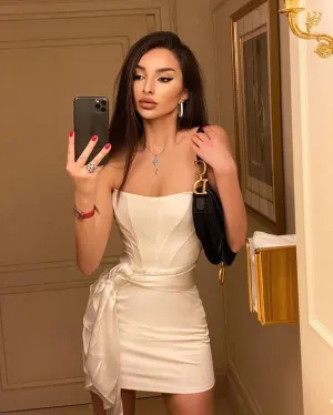 JazzHer Modest Sheath Strapless Ivory Short Homecoming Dresses Satin Birthday Outfits (PRE-ORDER)