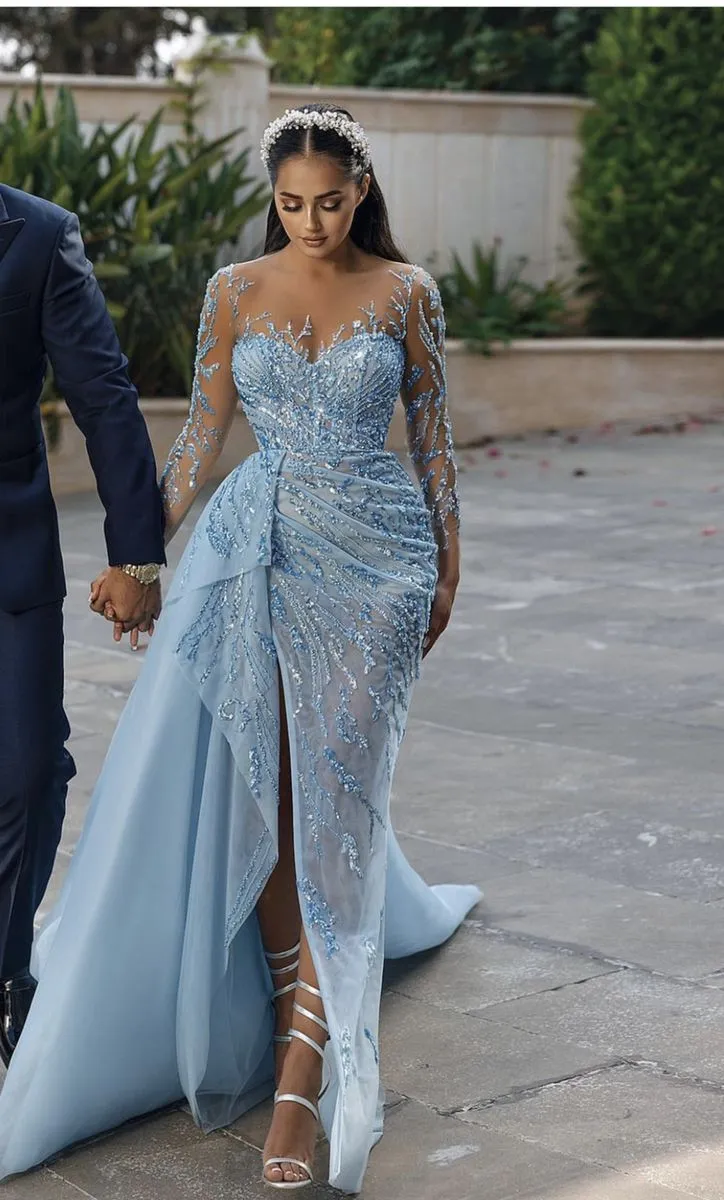 JazzHer Pretty Sheath Scoop Long Sleeves Sequin Slit Prom Dress Evening Dresses (PRE-ORDER)