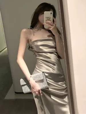 JazzHer Pretty Sheath Spaghetti Straps Satin Evening Dress Prom Dresses With Ruffles (PRE-ORDER)