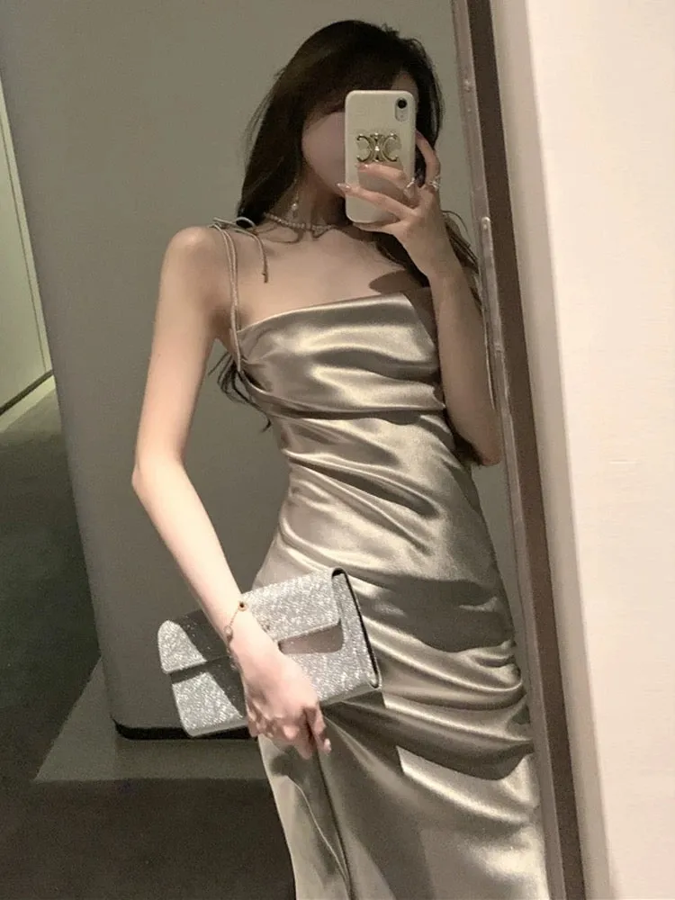 JazzHer Pretty Sheath Spaghetti Straps Satin Evening Dress Prom Dresses With Ruffles (PRE-ORDER)